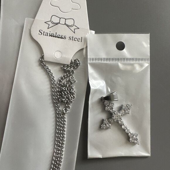 Cubic Zirconia Stainless Steel Cross Pendant Viking Gift Trendy 24” Necklace - Picture 6 of 6